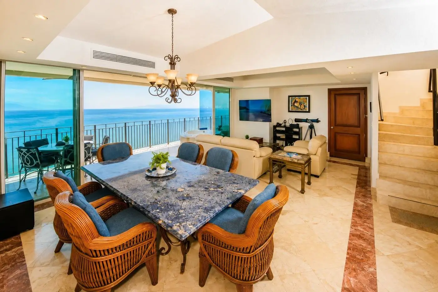 Penthouse living room at twilight
