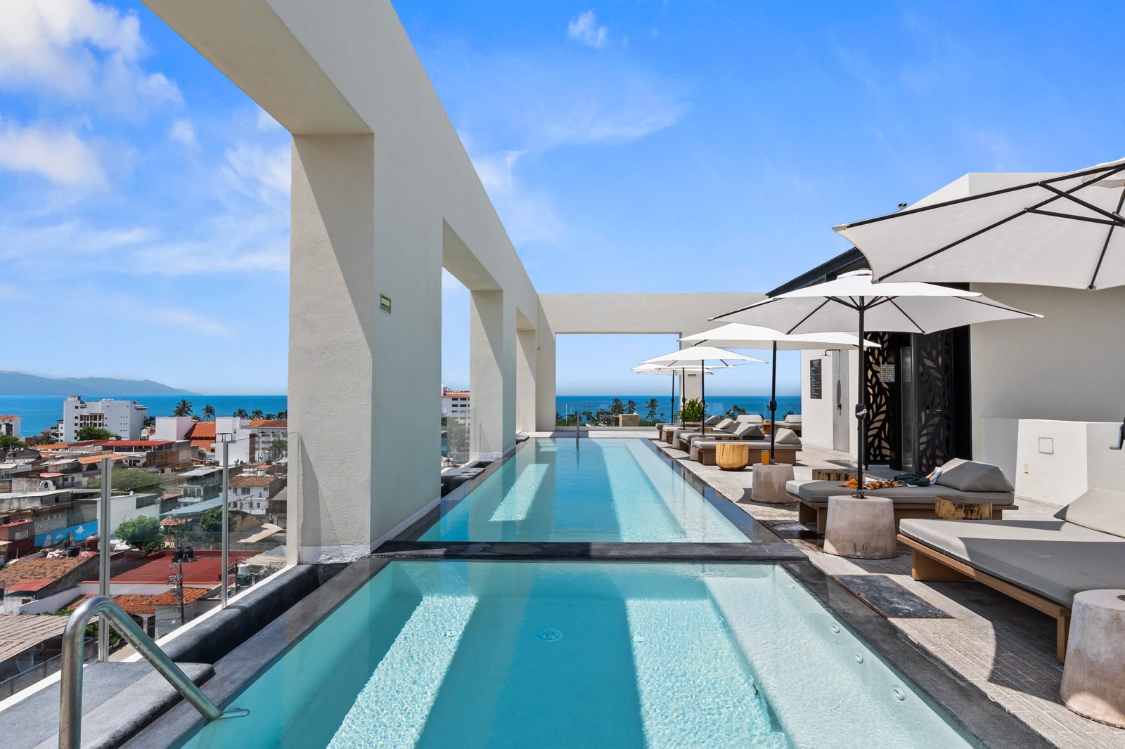 The lap pool on the roof of The Colonial, looking toward the ocean