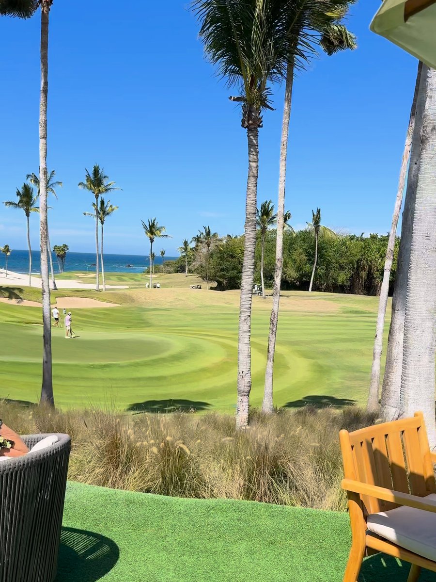 The Tail of the Whale golf green at Punta Mita with palms and the ocean beyond
