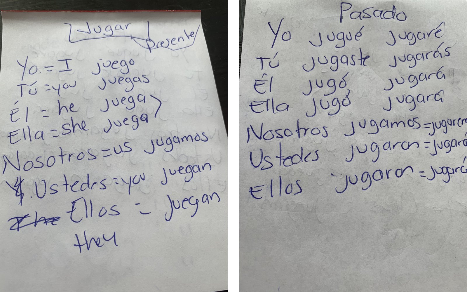 Two handwritten notepad pages of Spanish verb conjugations for jugar, in the present and past tense