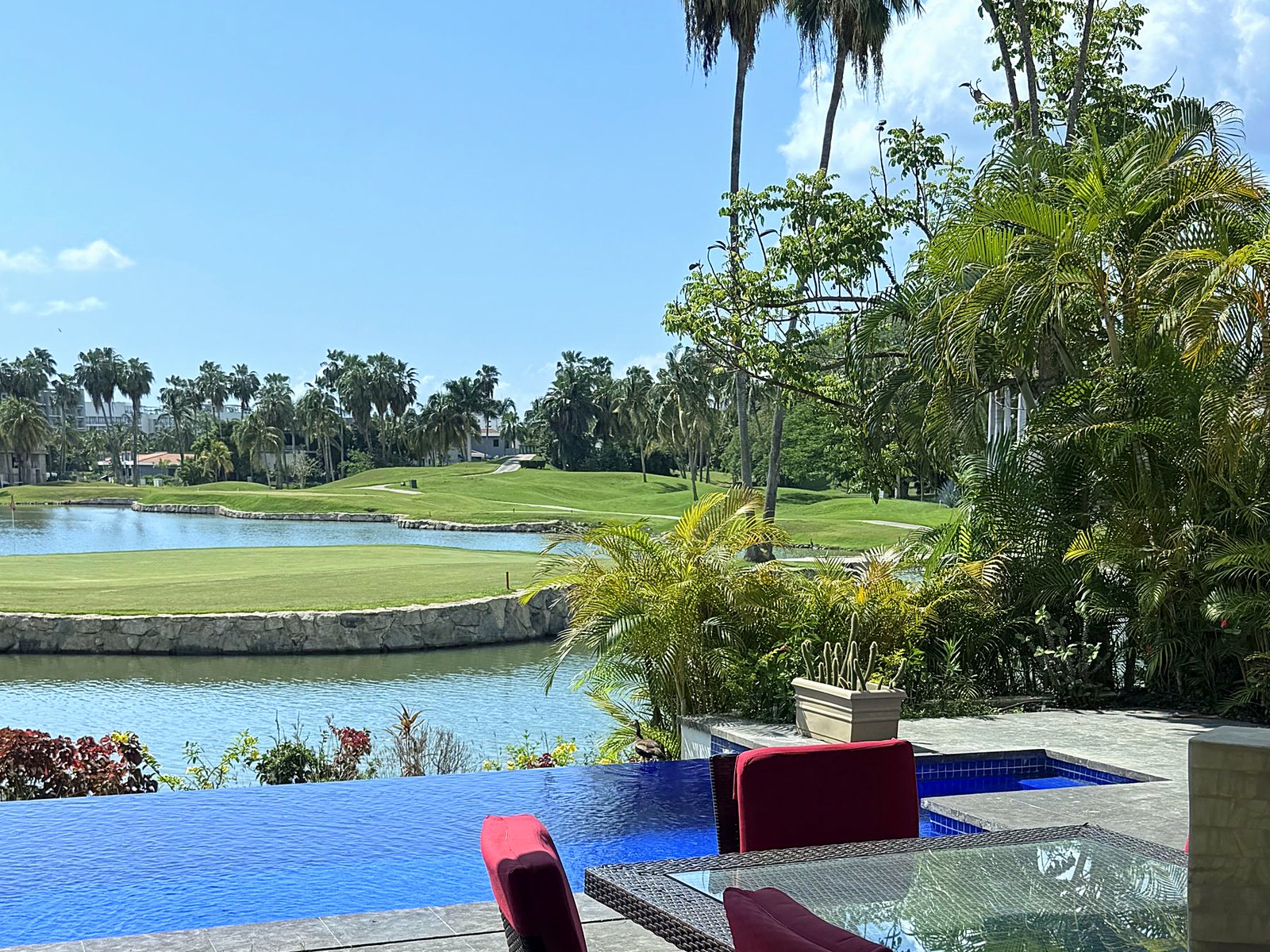 An infinity pool looking across a lake to the green at El Tigre golf course