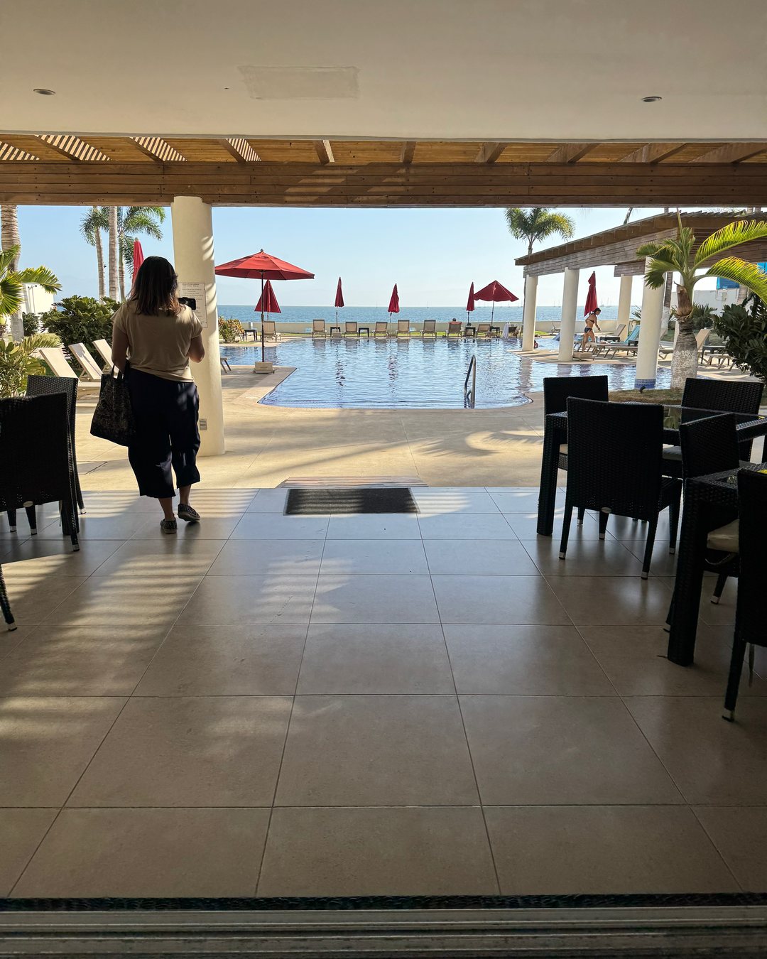 Looking from the clubhouse restaurant at Punta Esmeralda out to the pool and the ocean