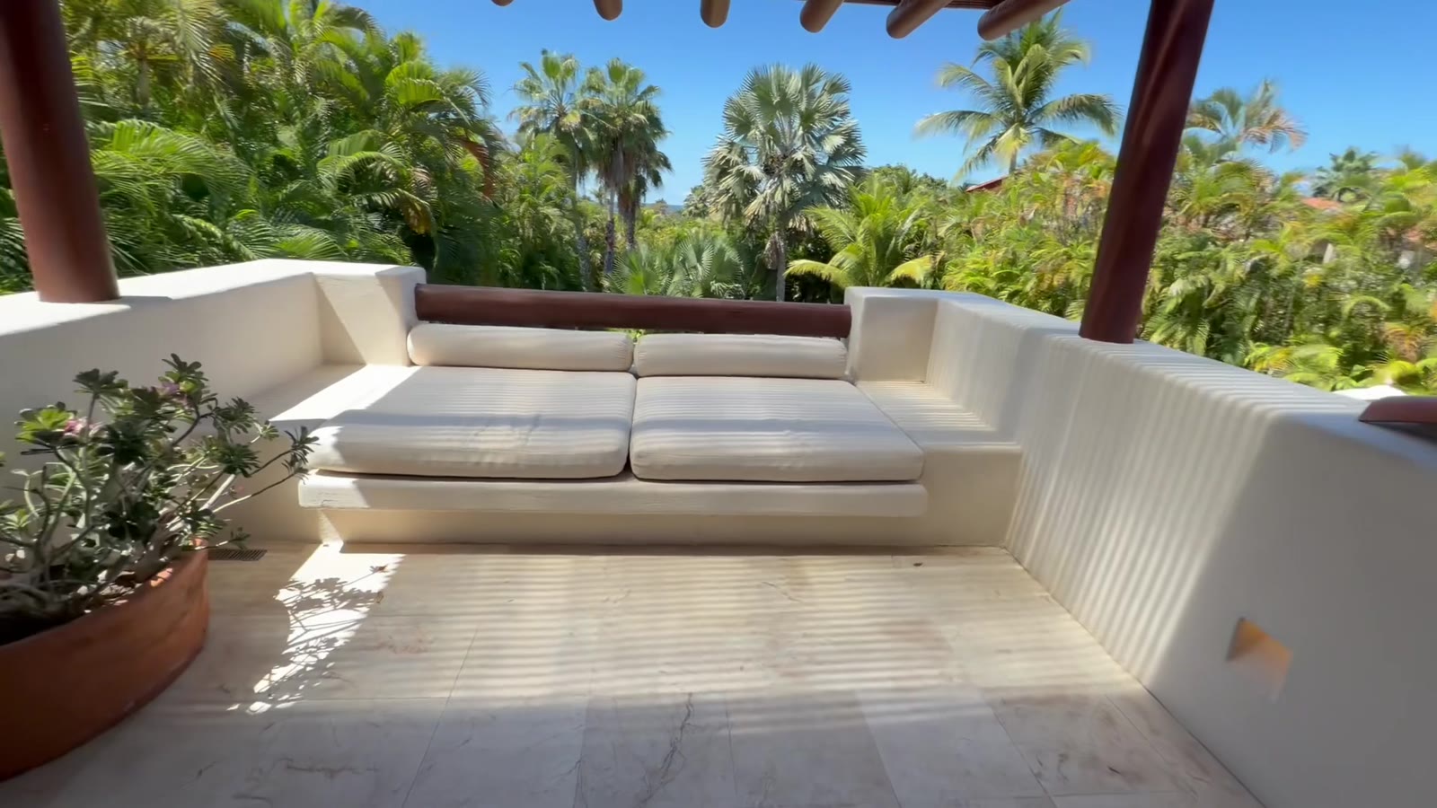 A rooftop terrace with built-in lounge seating surrounded by palms