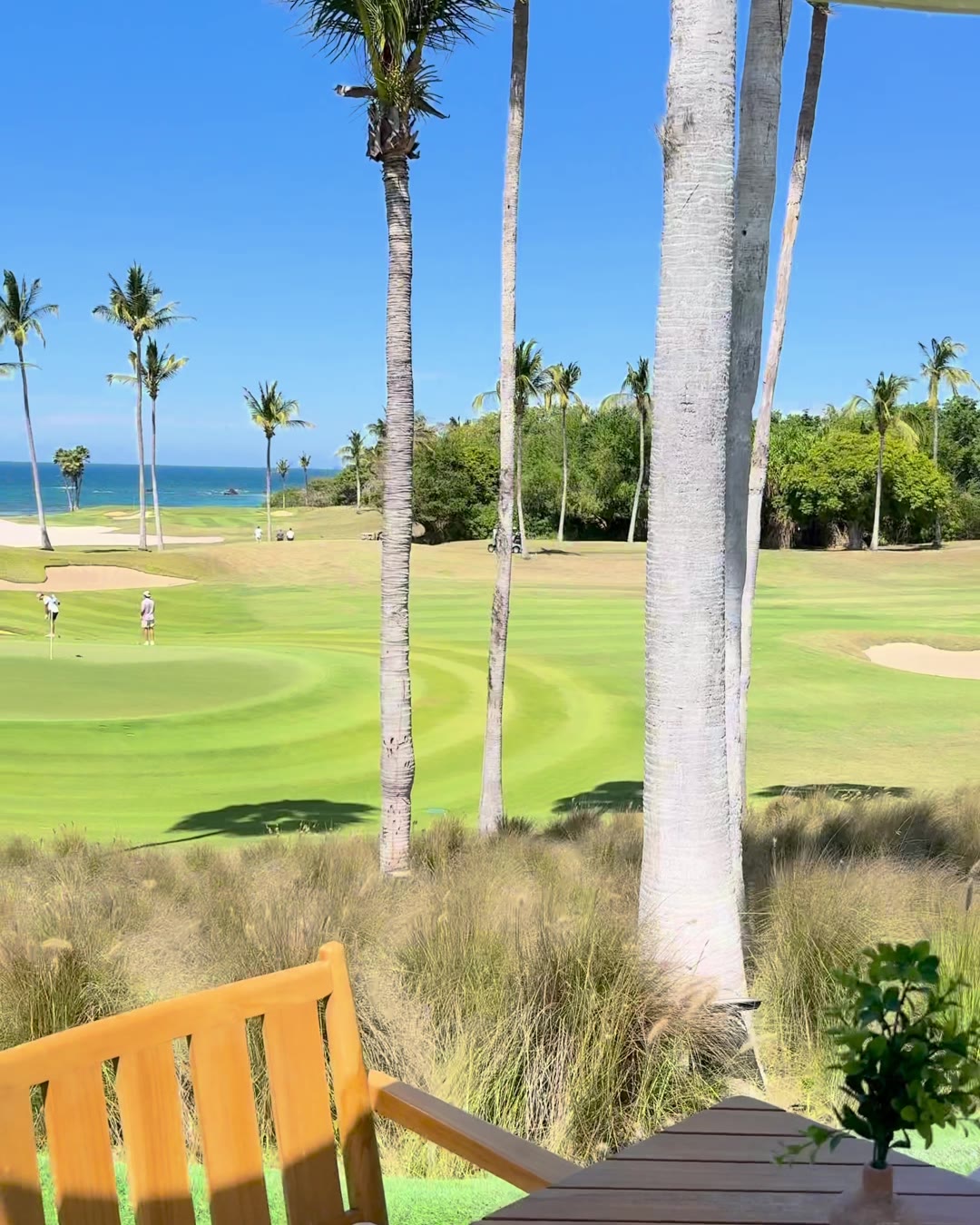 Lunch tables under umbrellas beside the Pacífico golf course with the ocean beyond